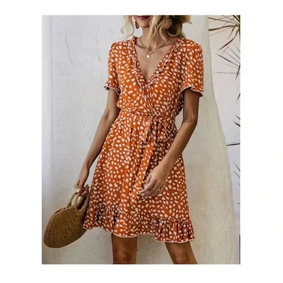 🆕Boho Trendy Orange & White Abstrac Dot Surplice Dress M🆕 - Picture 3 of 11